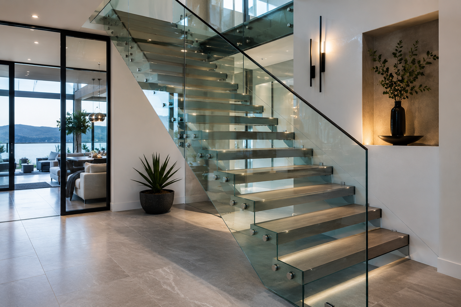 Custom architectural glass staircase and balustrade
