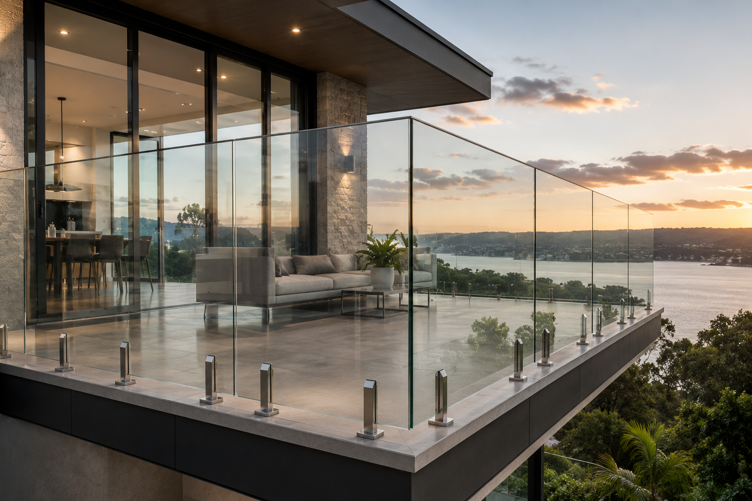 Glass balustrade project overlooking the water